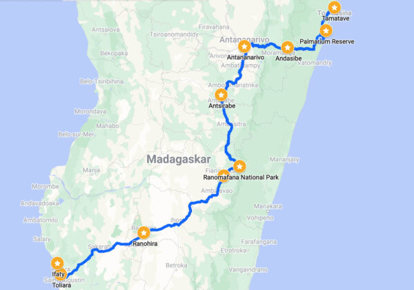 Resa till Madagaskar, resrutt i södra och östra Madagaskar